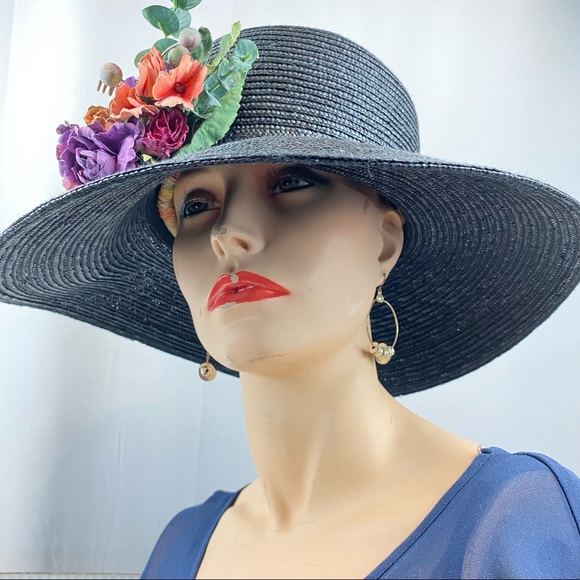 Fancy Black Wide Brim Hat 🎩 For the Races Saratoga Belmont Kentucky Derby - Picture 4 of 7